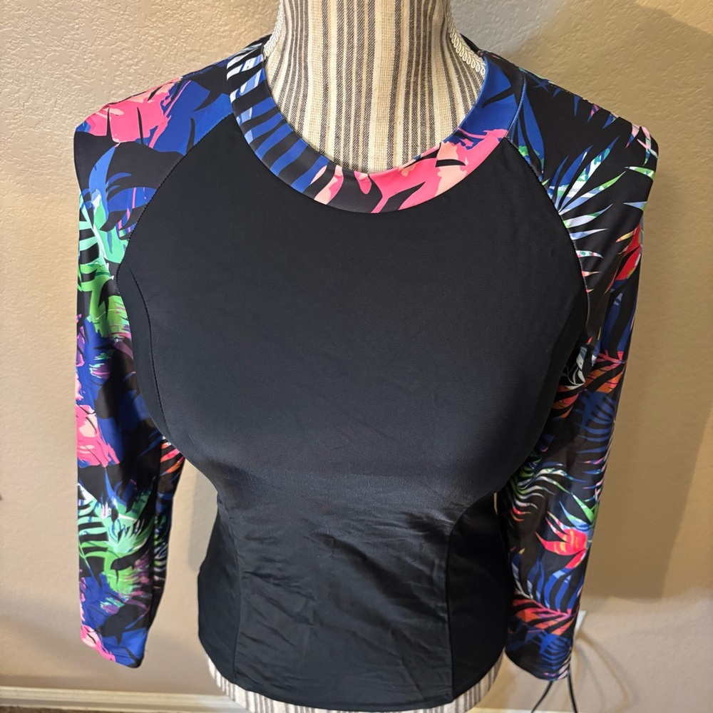NEW BesserBay Rashguard Large Black Long Sleeve Tropical Floral Raglan Swim Tee - Picture 2 of 15